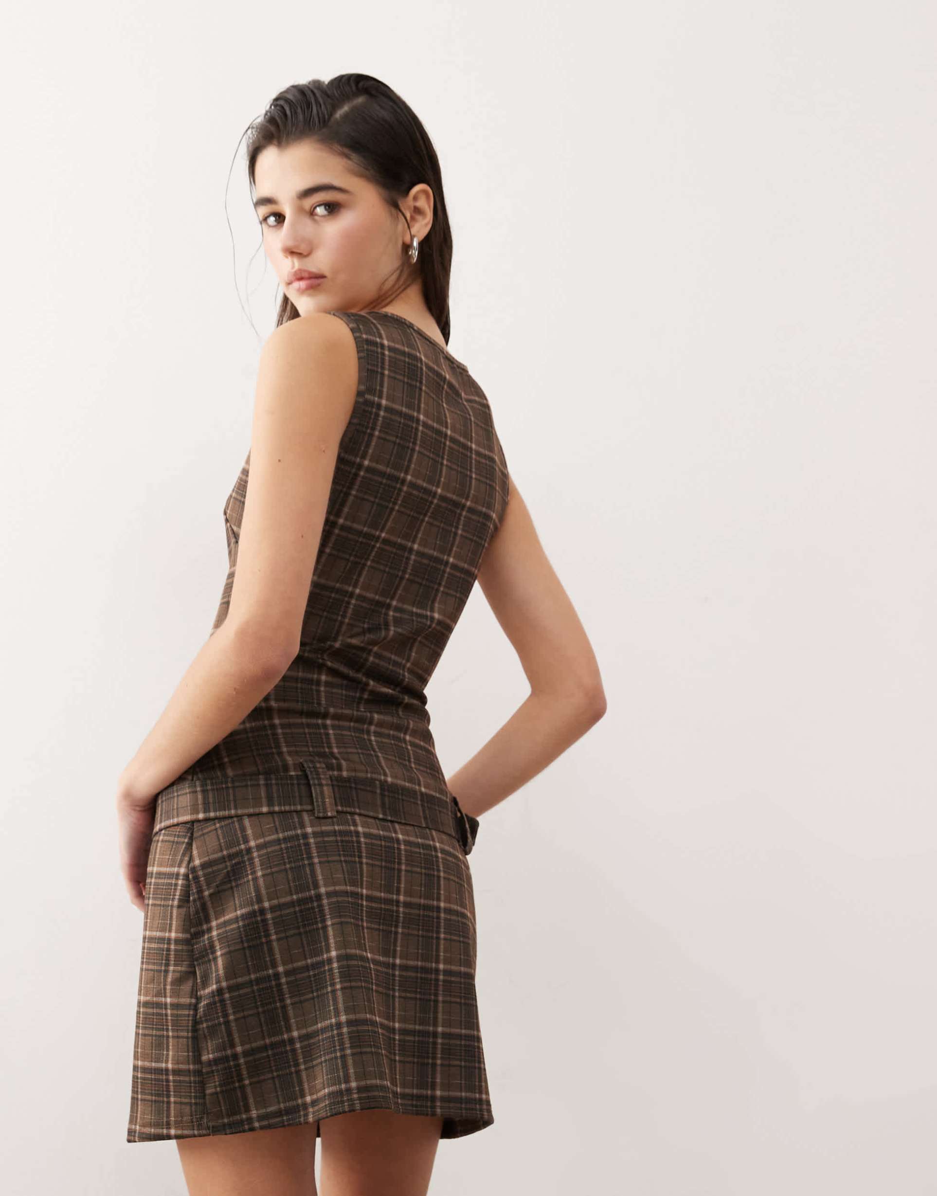 motel dilshan belted plaid mini dress in brown