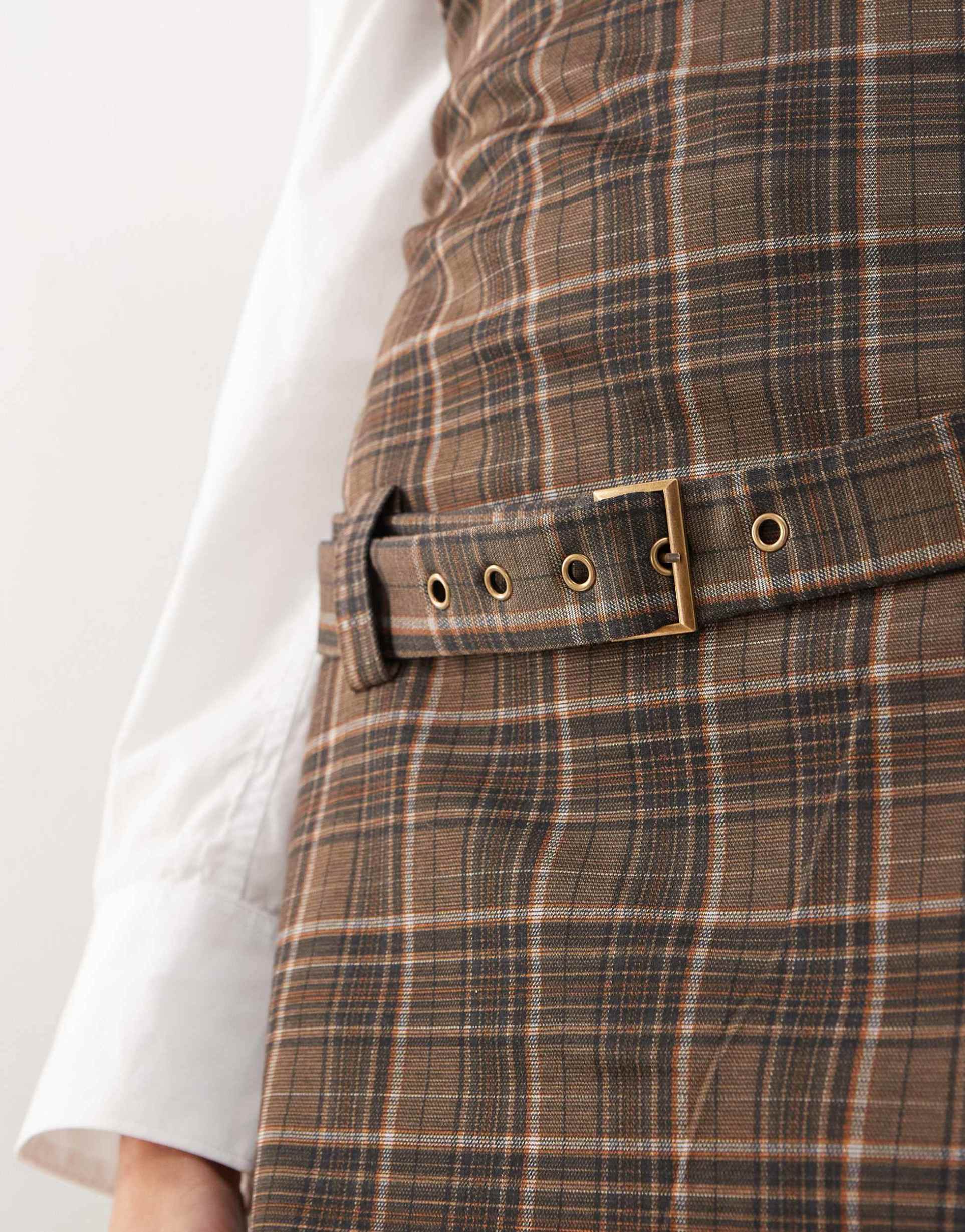 motel dilshan belted plaid mini dress in brown