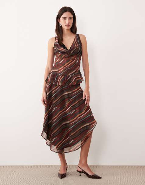 Motel Diona ruffle midaxi skirt in multi stripe print