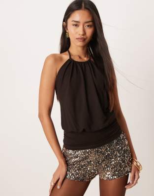 Motel - Diraka - Hochgeschlossenes Neckholder-Oberteil in Schokobraun-Brown