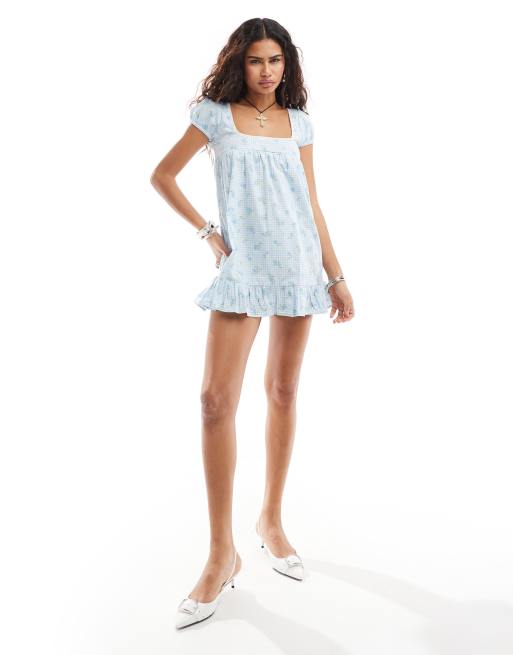 Motel ditsy floral gingham babydoll mini dress in blue