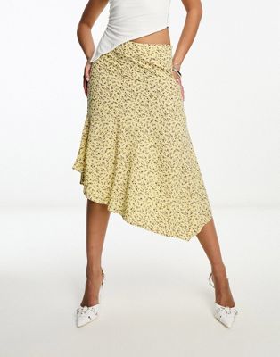 Motel Ditsy Floral Midi Skirt In Yellow