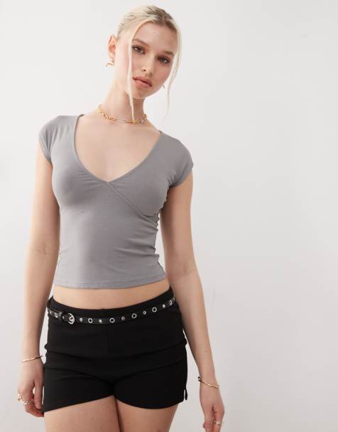 Motel dolores wrap v-neck top in gray - view 1