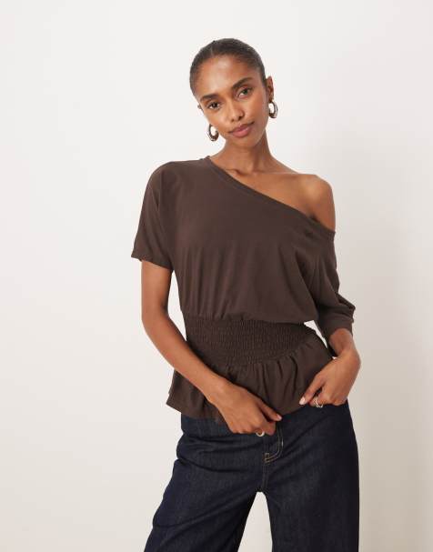Motel domani off shoulder slouchy top with shirred waist in chocolate - view 1