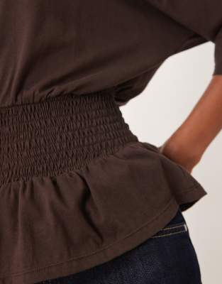 Motel Domani Off Shoulder Slouchy Top With Shirred Waist In Brown