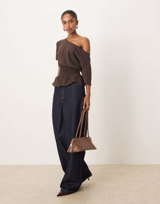 Motel domani off shoulder slouchy top with shirred waist in chocolate, 3 of 4