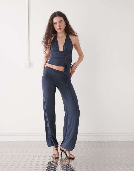 Motel Donata low rise slinky pants in ocean storm blue