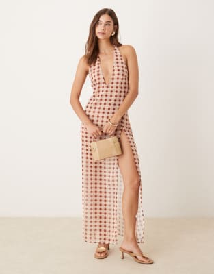 driti blurred plaid sheer maxi dress in peach-Orange