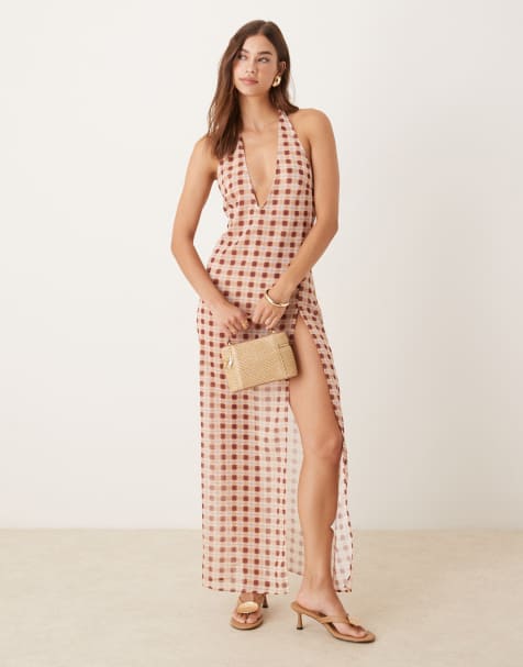 Motel driti blurred plaid sheer maxi dress in peach - view 1