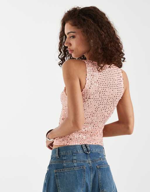 Motel - Dudley - Canotta in maglia color pesca con paillettes, 4 di 4