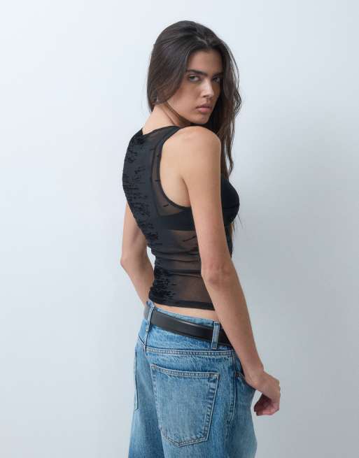 Motel dudley flocked detail top in black, 4 of 5