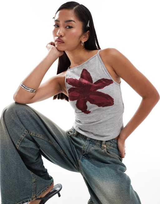Motel dudley hibiscus print vest in grey marl