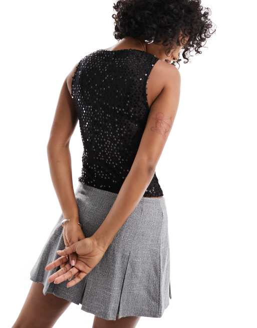 Motel dudley micro sequin vest top in black, 3 of 4