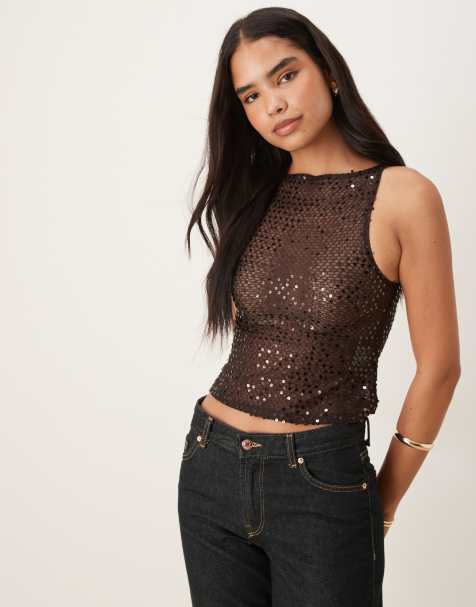 Motel Dudley sequin knit singlet top in coffee brown - view 1