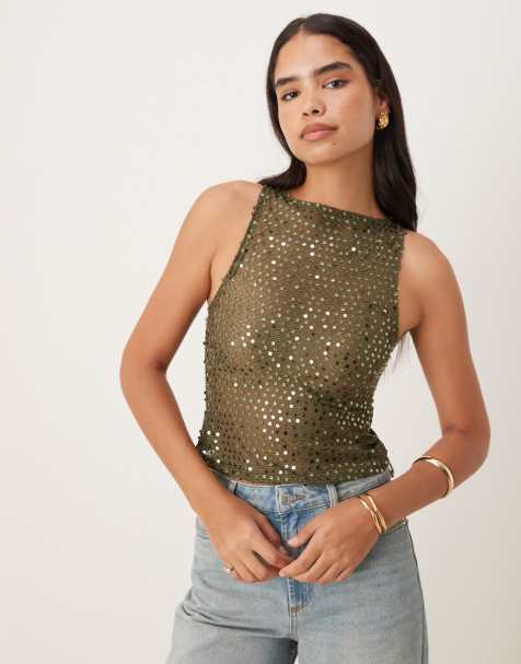 Motel Dudley sequin knit singlet top in olive - view 1
