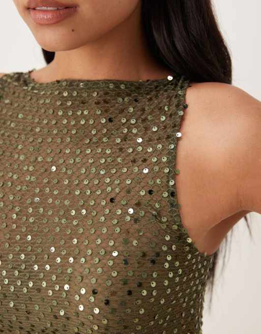 Motel Dudley sequin knit singlet top in olive