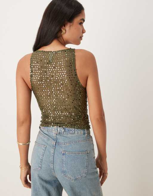Motel Dudley sequin knit singlet top in olive