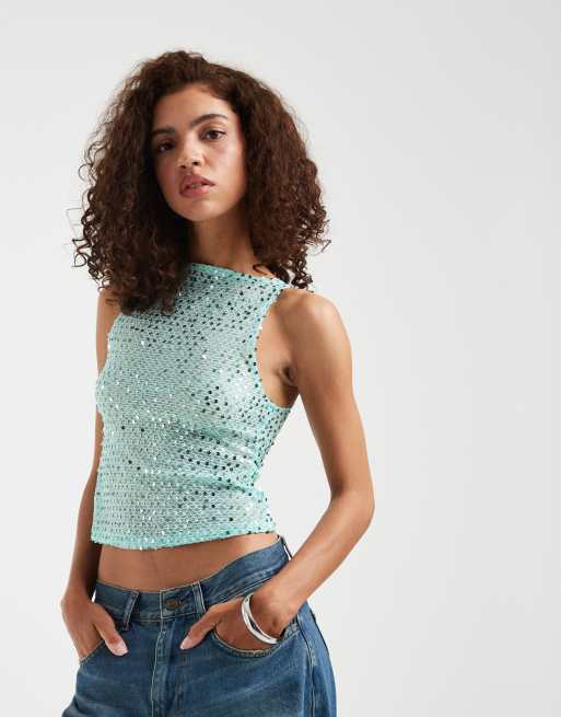 Motel dudley sequin knit vest in aqua, 3 of 4