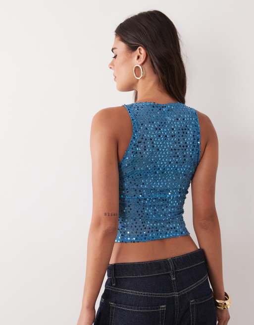 Motel dudley sequin vest in teal blue, 3 of 4
