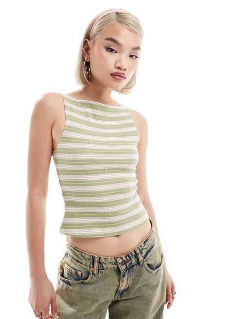 Motel Dudley striped ribbed singlet in green and pink
