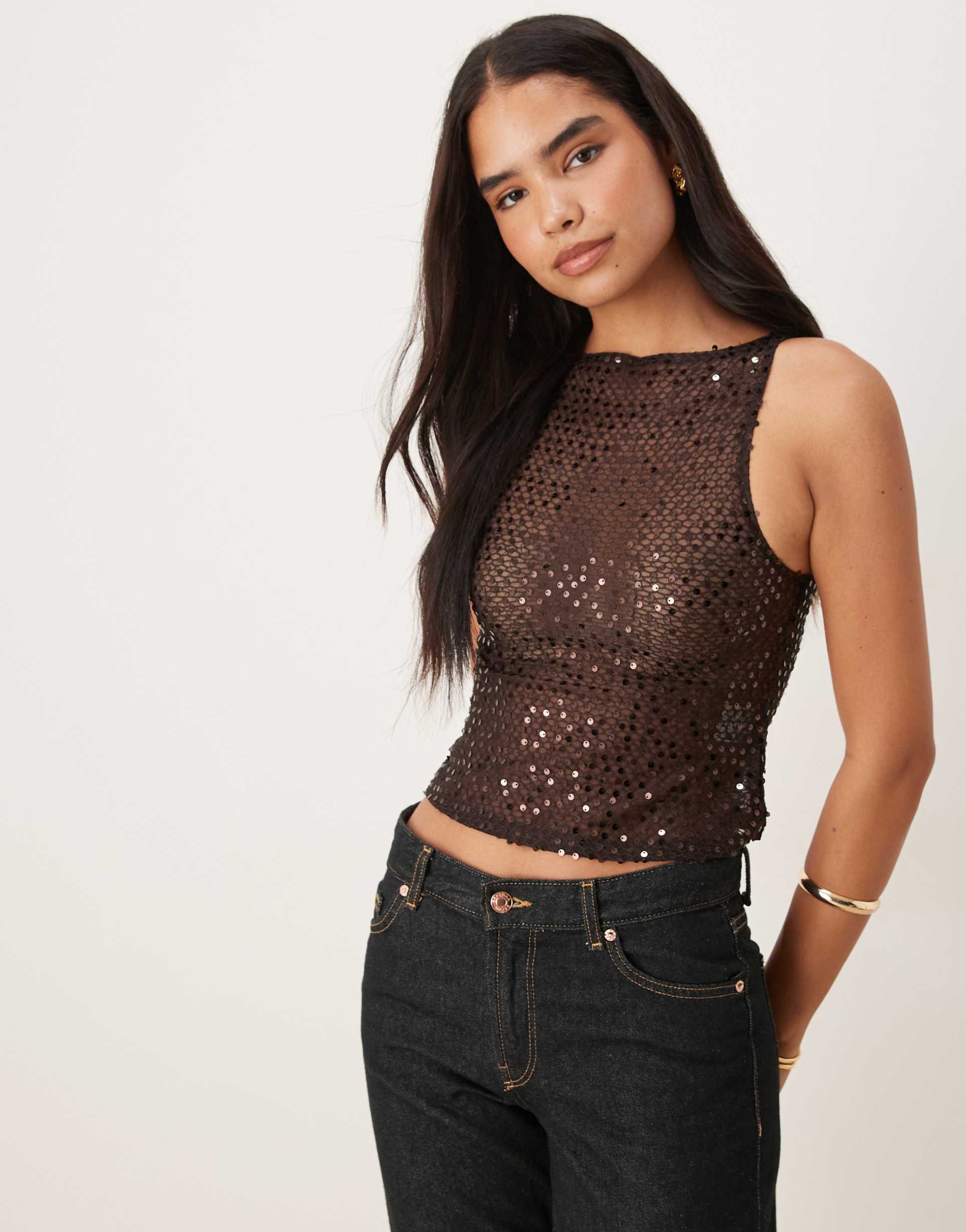 motel dudley tank top sequin knit in coffee brown