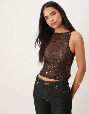 Motel Dudley Vest Top Sequin Knit In Brown