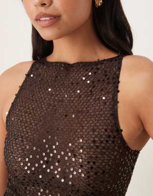 Motel Dudley Vest Top Sequin Knit In Brown