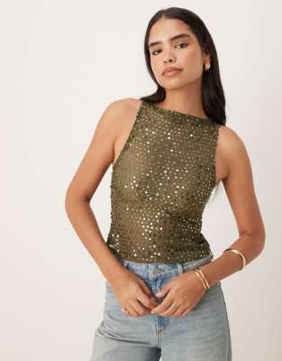 Motel Dudley Vest Top Sequin Knit In Green
