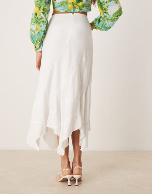 Motel - Elfenbenshvid asymmetrisk boho-nederdel med rombe-form i hørlook, 5 af 5
