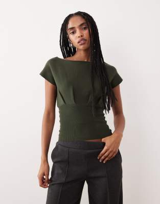 Motel Elin Pearl Button Short Sleeve Cropped Detail Ruched Knit Top In Green