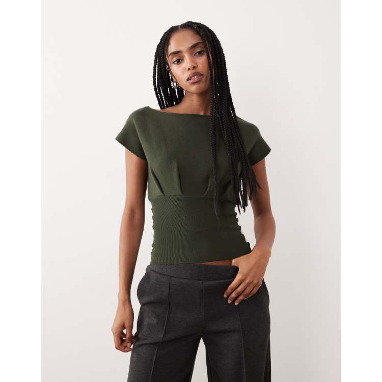 Motel Elin pearl button short sleeve cropped detail ruched knit