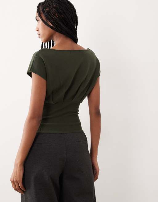 Motel Elin pearl button short sleeve cropped detail ruched knit top in khaki, 4 of 4