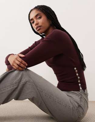 Motel Elira Boat Neck Button Detail Synched Sweater In Purple