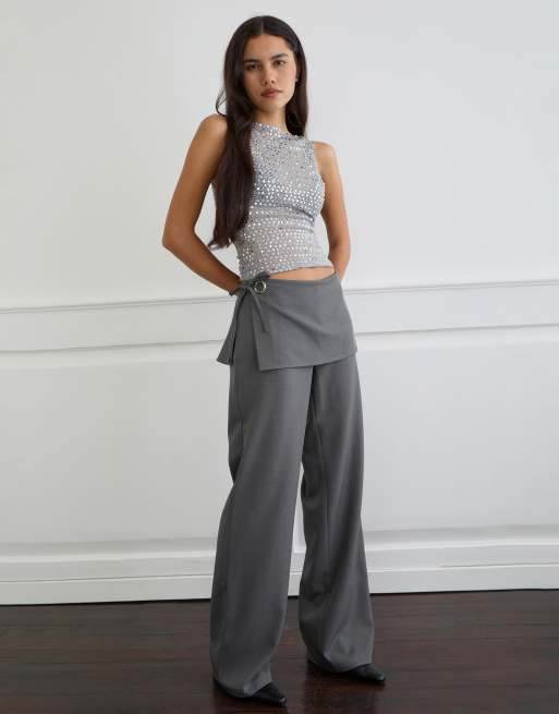 Motel Elka wrap detailed tailored pants in charcoal, 3 of 4