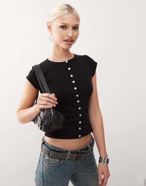 Motel elmira button through flat knit top in black - view 1