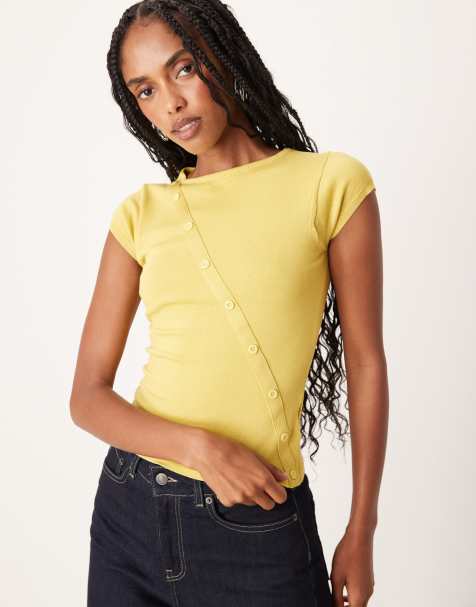 Motel Elyra button detail short sleeve top in golden green - view 1
