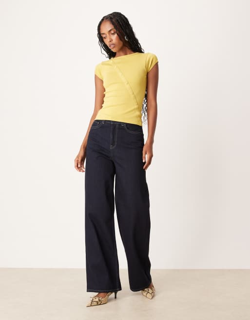 Motel Elyra button detail short sleeve top in golden green, 2 of 4