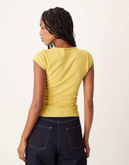 Motel Elyra button detail short sleeve top in golden green, 4 of 4