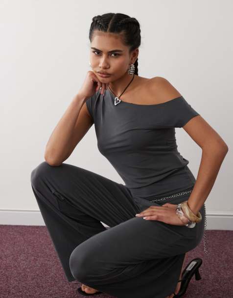 Motel Elysian asymetric cupro co-ord top in dark grey - view 1