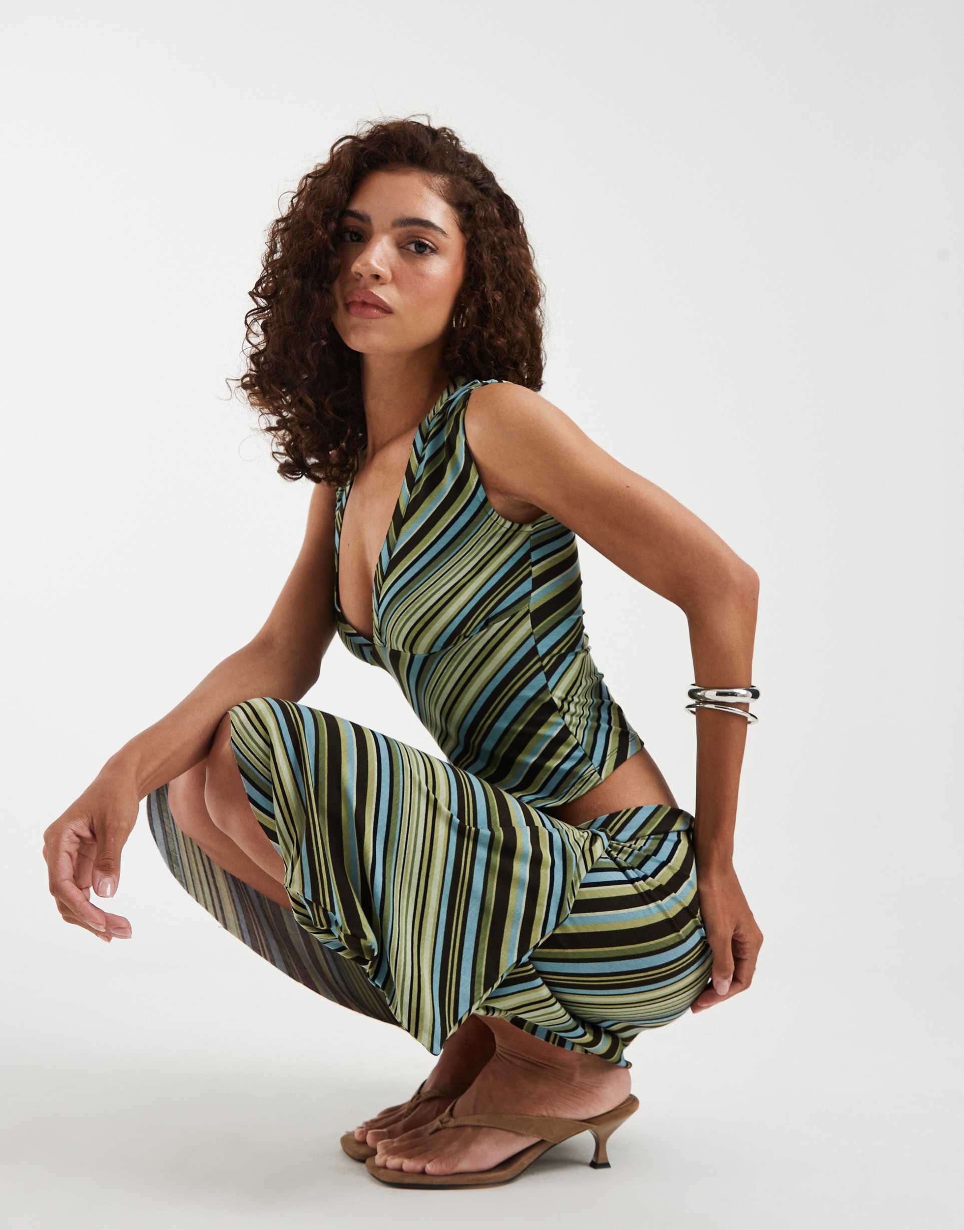 motel emberly plunge top in mixed green stripes - part of a set