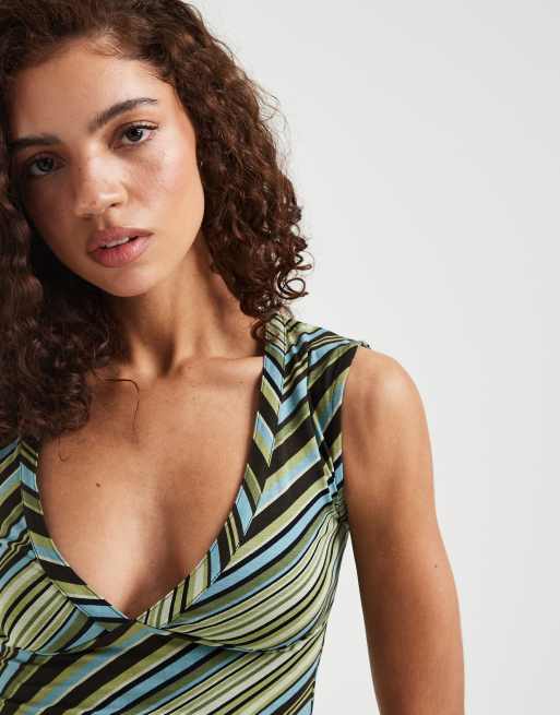Motel Emberly plunge top in mixed green stripes - part of a set, 4 of 4