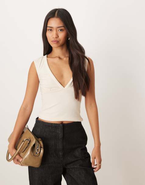 Motel Emberly short sleeve plunge top in ivory