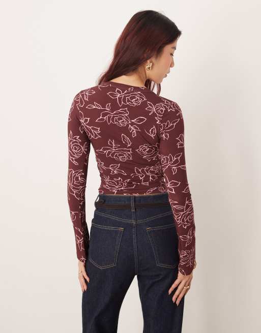 Motel Emesy long sleeve v-neck top in maroon rose detail, 4 of 4