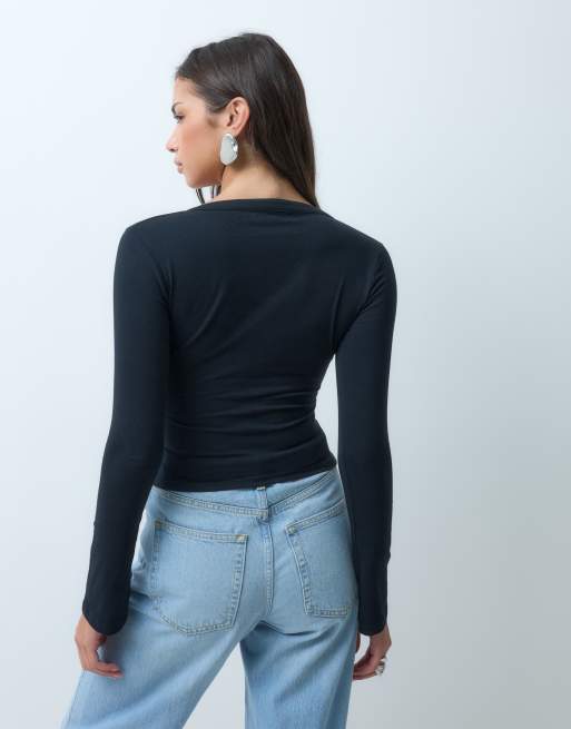 Motel Emesy top svasato a maniche lunghe con scollo profondo nero, 4 di 5