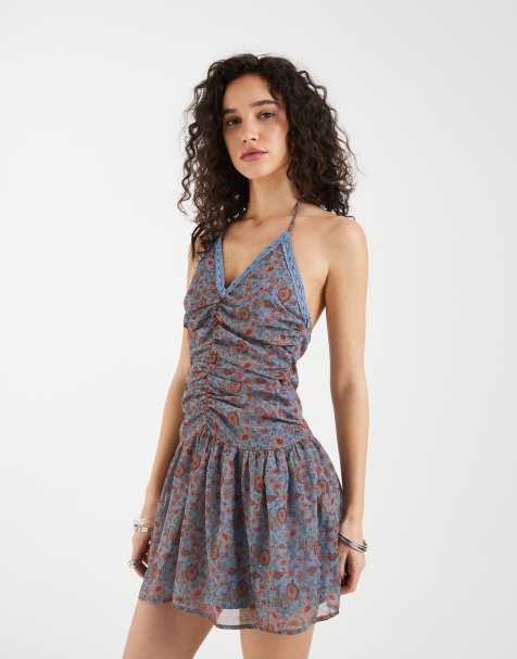 Motel Emika chiffon ruched halter mini dress in blossom blue - view 1