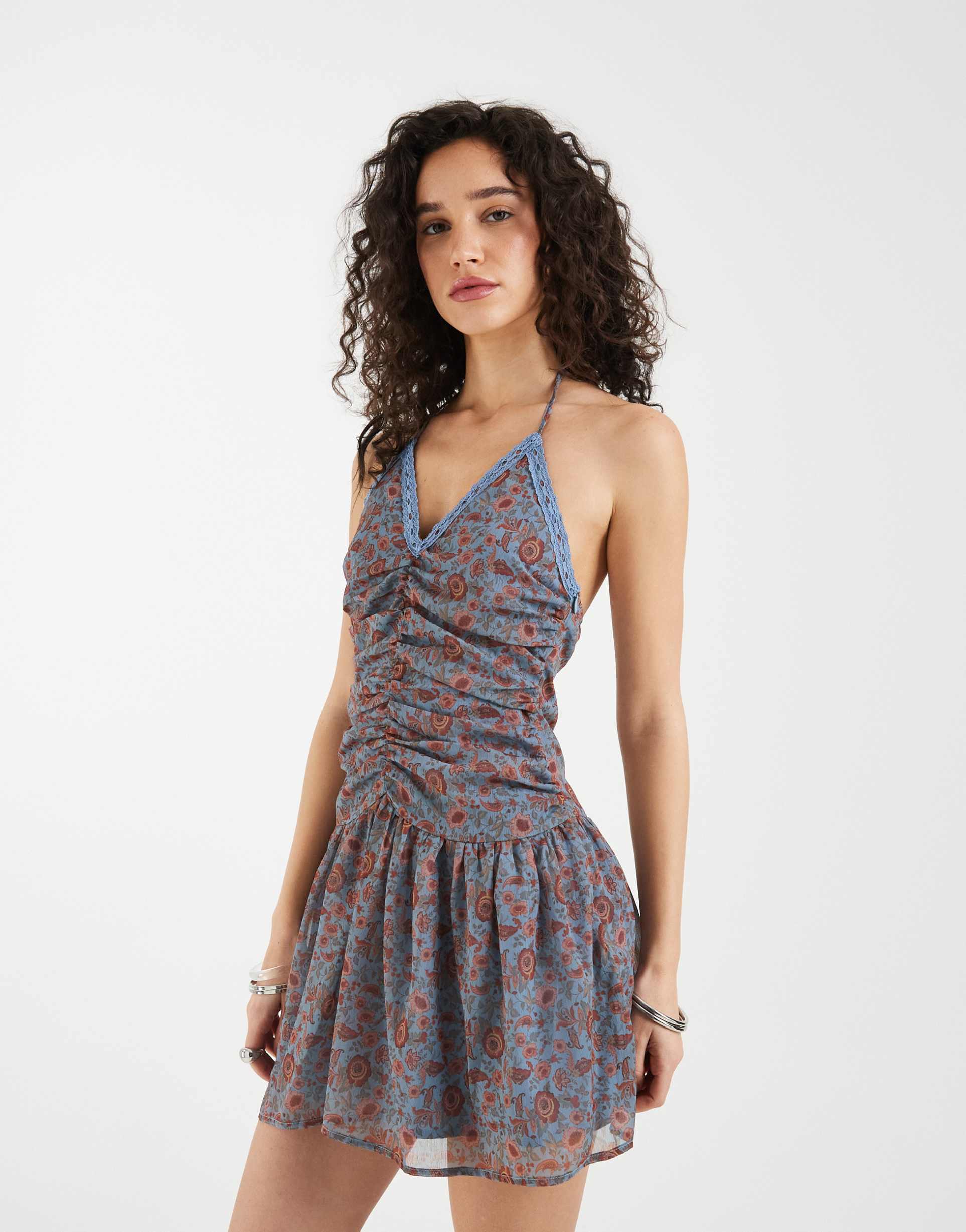 motel emika chiffon ruched halter mini dress in blossom blue