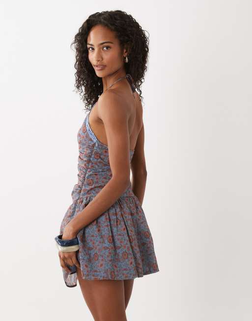 Motel Emika chiffon ruched halter mini dress in blossom blue, 2 of 4