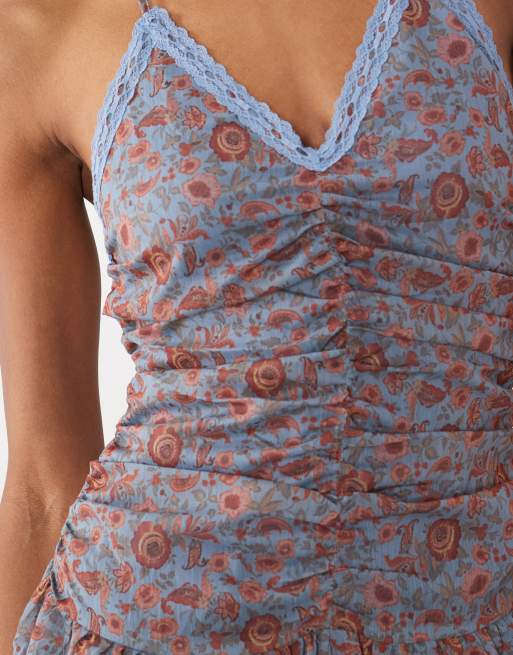 Motel Emika chiffon ruched halter mini dress in blossom blue, 4 of 4