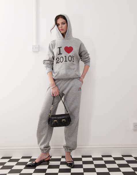 Motel emiko oversized I heart 2010's graphic joggers co-ord in grey marl - view 1