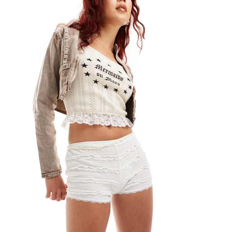 Motel ena frilled bloomer micro shorts in ivory | ASOS
